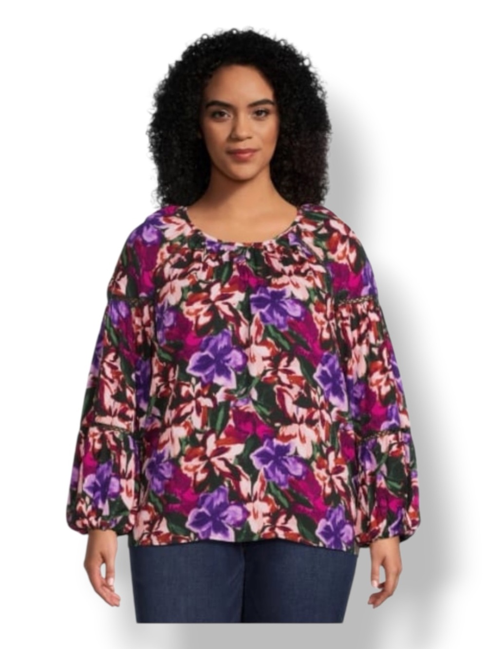 Terra & Sky Women's Plus Balloon Sleeve Top Dark Floral Violet Mulberry 2X